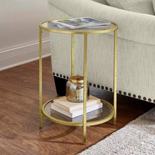 Load image into Gallery viewer, Round Accent Side Table Gold Metal Glass Top Bottom Shelf End Table