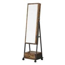 Load image into Gallery viewer, Modern Industrial Metal Wood Jewelry Armoire Cabinet Organizer Mirror on Wheels