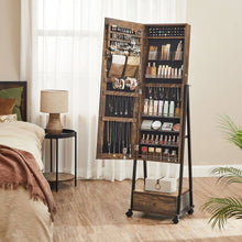 Load image into Gallery viewer, Modern Industrial Metal Wood Jewelry Armoire Cabinet Organizer Mirror on Wheels
