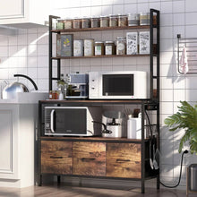 Load image into Gallery viewer, Black Metal Kitchen Baker's Rack with Brown Wood Shelves and Storage Cabinets