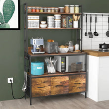Load image into Gallery viewer, Black Metal Kitchen Baker's Rack with Brown Wood Shelves and Storage Cabinets