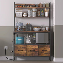 Load image into Gallery viewer, Black Metal Kitchen Baker's Rack with Brown Wood Shelves and Storage Cabinets