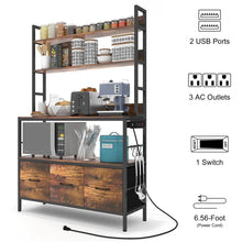 Load image into Gallery viewer, Black Metal Kitchen Baker's Rack with Brown Wood Shelves and Storage Cabinets