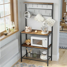 Load image into Gallery viewer, Black Metal Kitchen Baker's Rack Microwave Stand with Wood Storage Shelves