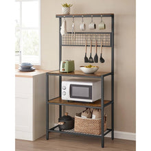 Load image into Gallery viewer, Black Metal Kitchen Baker's Rack Microwave Stand with Wood Storage Shelves