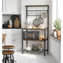 Load image into Gallery viewer, Black Metal Kitchen Baker's Rack Microwave Stand with Wood Storage Shelves