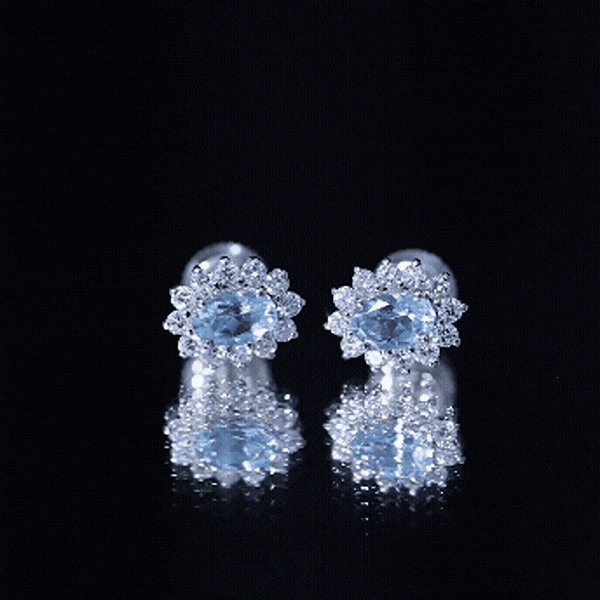 Real 0.8 Carat Oval Aquamarine Stud Earrings with Lab Diamond Halo