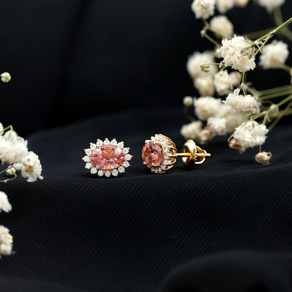 1.3 Carat Oval Pink Tourmaline Stud Earrings with Diamond Halo