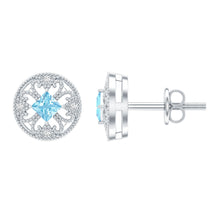 Load image into Gallery viewer, Natural Aquamarine Vintage Stud Earrings with Lab Diamond
