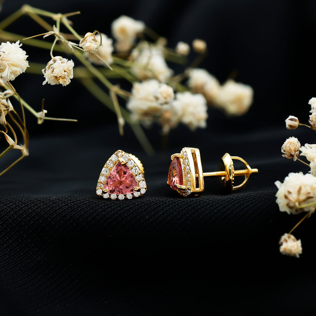 Real Trilliant Cut 1 Carat Pink Tourmaline Stud Earrings with Lab Diamond