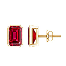 Load image into Gallery viewer, 1.5 Carat Emerald Cut Lab Grown Ruby Stud Earrings in Bezel Set