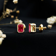 Load image into Gallery viewer, 1.5 Carat Emerald Cut Lab Grown Ruby Stud Earrings in Bezel Set