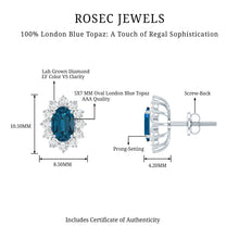 Load image into Gallery viewer, 1.6 Carat Oval London Blue Topaz Stud Earrings with Diamond Halo