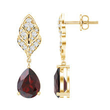 Load image into Gallery viewer, Genuine 3 Carat Garnet Teardrop Earrings with Diamond Leaf