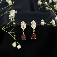 Load image into Gallery viewer, Genuine 3 Carat Garnet Teardrop Earrings with Diamond Leaf