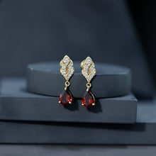 Load image into Gallery viewer, Genuine 3 Carat Garnet Teardrop Earrings with Diamond Leaf