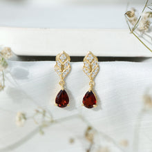 Load image into Gallery viewer, Genuine 3 Carat Garnet Teardrop Earrings with Diamond Leaf