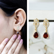 Load image into Gallery viewer, Genuine 3 Carat Garnet Teardrop Earrings with Diamond Leaf