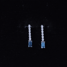 Load image into Gallery viewer, Half Carat Emerald Cut London Blue Topaz Dangle Drop Earrings with Diamond