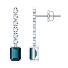 Load image into Gallery viewer, Half Carat Emerald Cut London Blue Topaz Dangle Drop Earrings with Diamond