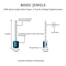 Load image into Gallery viewer, Half Carat Emerald Cut London Blue Topaz Dangle Drop Earrings with Diamond
