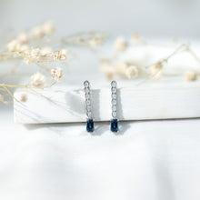 Load image into Gallery viewer, Half Carat Emerald Cut London Blue Topaz Dangle Drop Earrings with Diamond