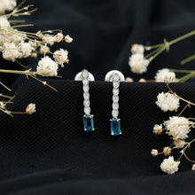 Load image into Gallery viewer, Half Carat Emerald Cut London Blue Topaz Dangle Drop Earrings with Diamond