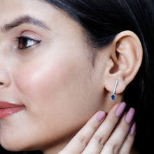 Load image into Gallery viewer, Half Carat Emerald Cut London Blue Topaz Dangle Drop Earrings with Diamond