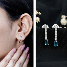 Load image into Gallery viewer, Half Carat Emerald Cut London Blue Topaz Dangle Drop Earrings with Diamond