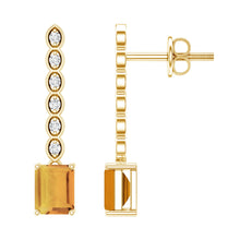 Load image into Gallery viewer, Emerald Cut Citrine and Diamond Bar Drop Earrings in Silver