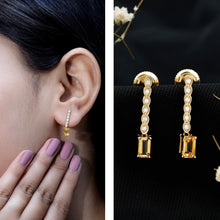 Load image into Gallery viewer, Emerald Cut Citrine and Diamond Bar Drop Earrings in Silver