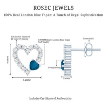 Load image into Gallery viewer, Certified London Blue Topaz and Diamond Heart Stud Earrings