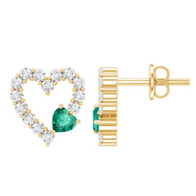 Load image into Gallery viewer, Lab Grown Emerald and Diamond Heart Stud Earrings in Yellow Gold Plated Silver