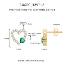 Load image into Gallery viewer, Lab Grown Emerald and Diamond Heart Stud Earrings in Yellow Gold Plated Silver