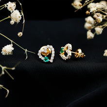 Load image into Gallery viewer, Lab Grown Emerald and Diamond Heart Stud Earrings in Yellow Gold Plated Silver