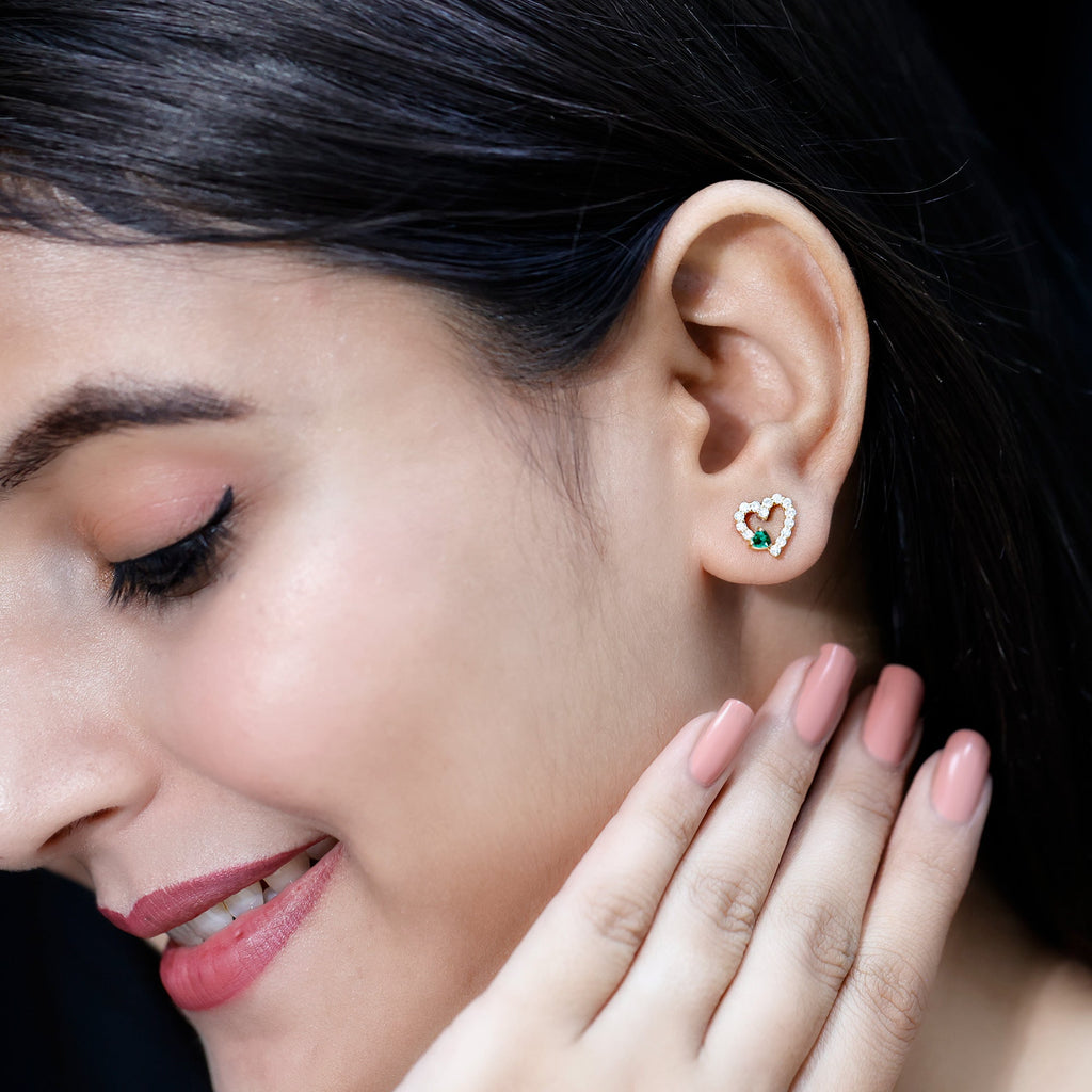 Lab Grown Emerald and Diamond Heart Stud Earrings in Yellow Gold Plated Silver