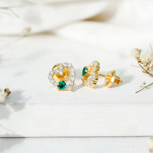 Load image into Gallery viewer, Lab Grown Emerald and Diamond Heart Stud Earrings in Yellow Gold Plated Silver