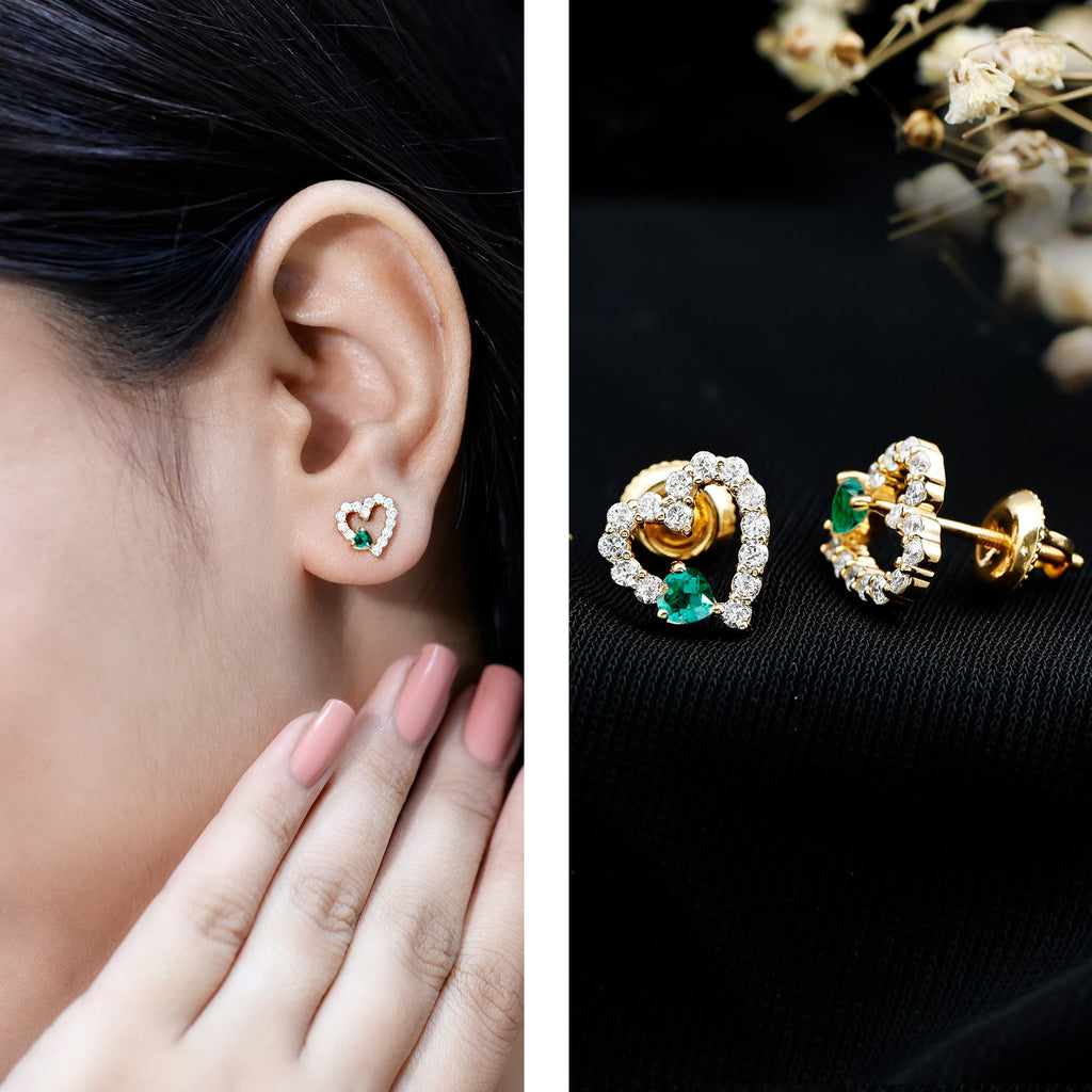 Lab Grown Emerald and Diamond Heart Stud Earrings in Yellow Gold Plated Silver