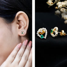 Load image into Gallery viewer, Lab Grown Emerald and Diamond Heart Stud Earrings in Yellow Gold Plated Silver