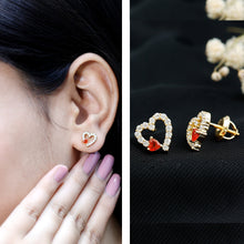 Load image into Gallery viewer, Certified Fire Opal and Diamond Heart Stud Earrings in Silver