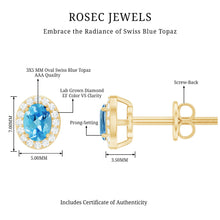 Load image into Gallery viewer, Natural Swiss Blue Topaz Stud Earrings with Diamond Halo