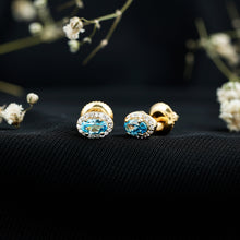 Load image into Gallery viewer, Natural Swiss Blue Topaz Stud Earrings with Diamond Halo