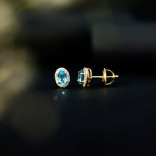 Load image into Gallery viewer, Natural Swiss Blue Topaz Stud Earrings with Diamond Halo