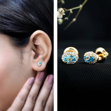 Load image into Gallery viewer, Natural Swiss Blue Topaz Stud Earrings with Diamond Halo