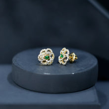 Load image into Gallery viewer, Yellow Gold Plated Silver Lab Grown Emerald Diamond Flower Stud Earrings for Women