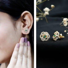 Load image into Gallery viewer, Yellow Gold Plated Silver Lab Grown Emerald Diamond Flower Stud Earrings for Women