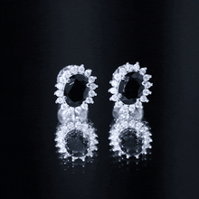 Load image into Gallery viewer, 2 Carat Oval Shaped Black and White Diamond Stud Earrings in Yellow Gold Plated Silver