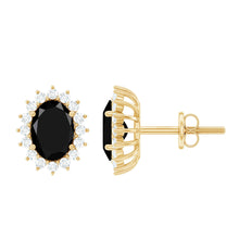 Load image into Gallery viewer, 2 Carat Oval Shaped Black and White Diamond Stud Earrings in Yellow Gold Plated Silver