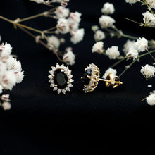 Load image into Gallery viewer, 2 Carat Oval Shaped Black and White Diamond Stud Earrings in Yellow Gold Plated Silver