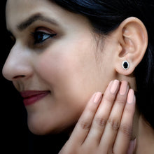 Load image into Gallery viewer, 2 Carat Oval Shaped Black and White Diamond Stud Earrings in Yellow Gold Plated Silver